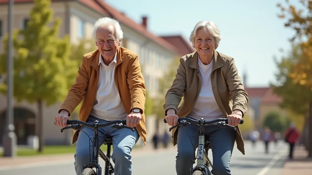 Seniori uz riteņiem pilsētas laukumā