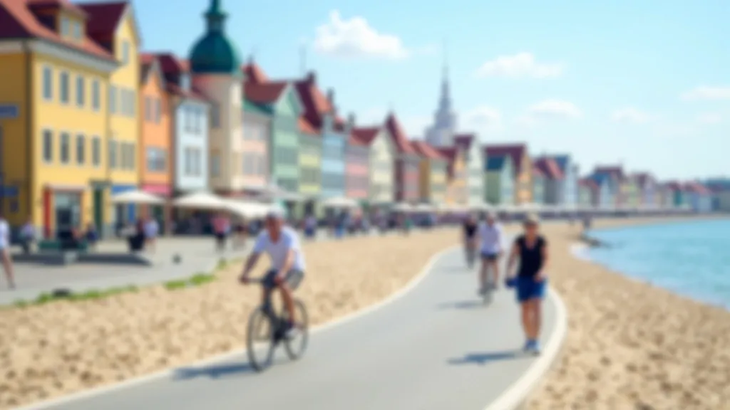 Liepājas jūras promenādes skaista skats ar senatnīgiem ēkām un smilšainu pludmali fonā