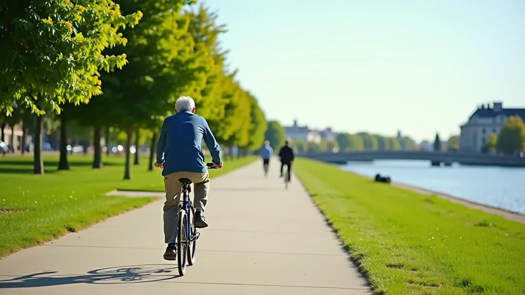 Rīgas Daugavas krasta velo celiņš, zaļa zona ar jūru, skaista vidējā diena