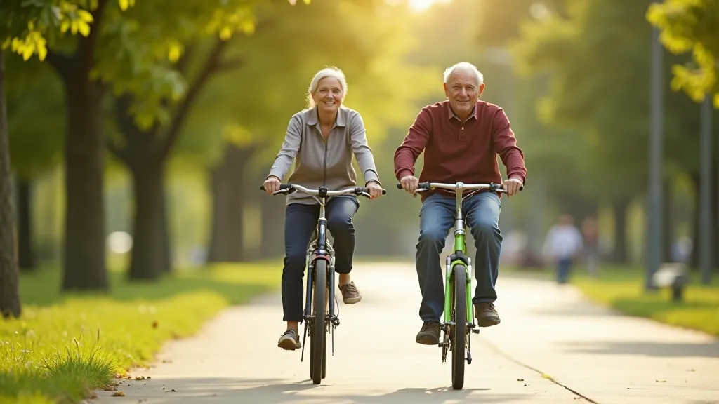 Seniori uz velosipēdiem pilsētas ceļā