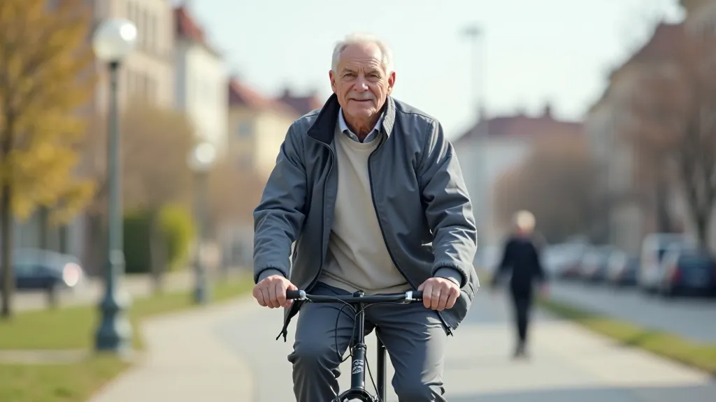 Seniora vīrs riteņbraucējs Rīgas centru, velo celiņš, pilsētas skats
